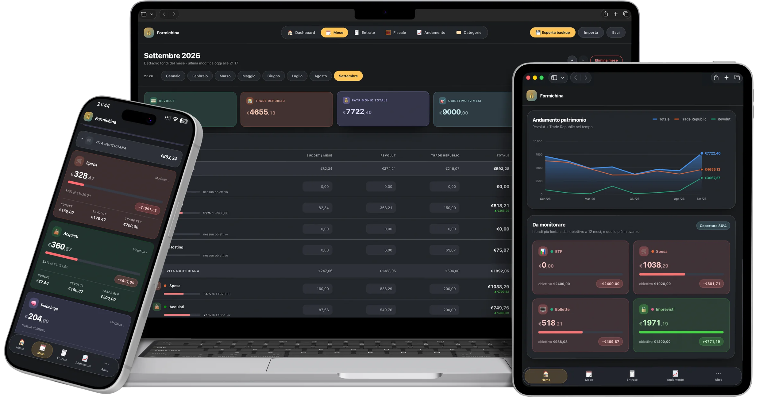 La dashboard di Formichina, con il patrimonio totale e la composizione dei fondi