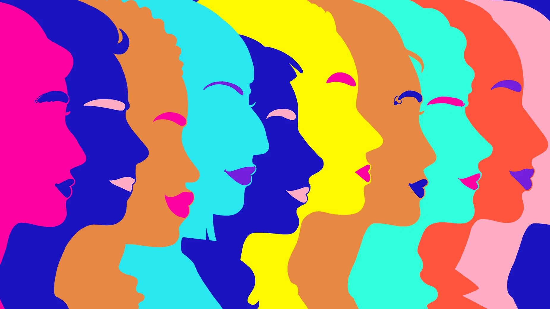 Una fila di profili femminili sovrapposti, ciascuno di un colore diverso