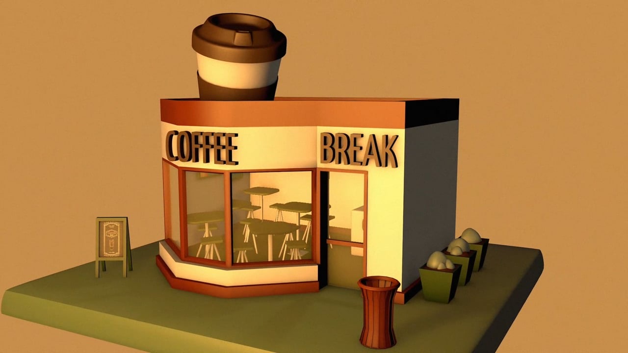Un diorama isometrico in 3D di un bar, con una tazza di caffe&rsquo; gigante sopra il tetto