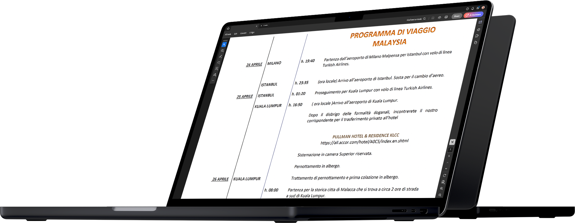 Il vecchio programma di viaggio: un documento di testo