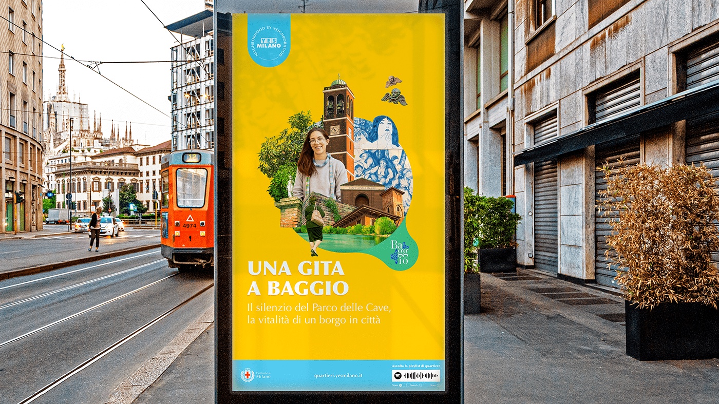 Il manifesto di Baggio accanto a un tram, con il Duomo sullo sfondo